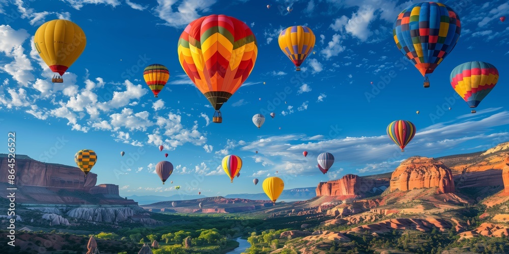 Obraz premium High-Quality Wide Photograph of Vibrant Hot Air Balloons over Scenic Landscape for Adventure and Travel Inspiration, Array of Colorful Hot Air Balloons Floating Above Beautiful Landscape at Sunrise 