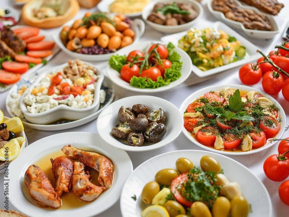 Italian meals on plates. Mediterranean dishes, delicious and fresh food, delicious healthy food Italian meals on plates. Mediterranean dishes, delicious and fresh food, delicious healthy food