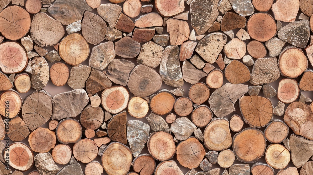 A wall made entirely of wood chips, with both circular and irregularly shaped pieces of wood SEAMLESS PATTERN A wall made entirely of wood chips, with both circular and irregularly shaped pieces of wood SEAMLESS PATTERN