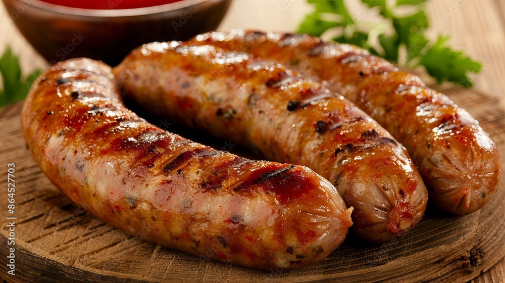 Grilled sausages on wooden board, delicious concept Grilled sausages on wooden board, delicious concept