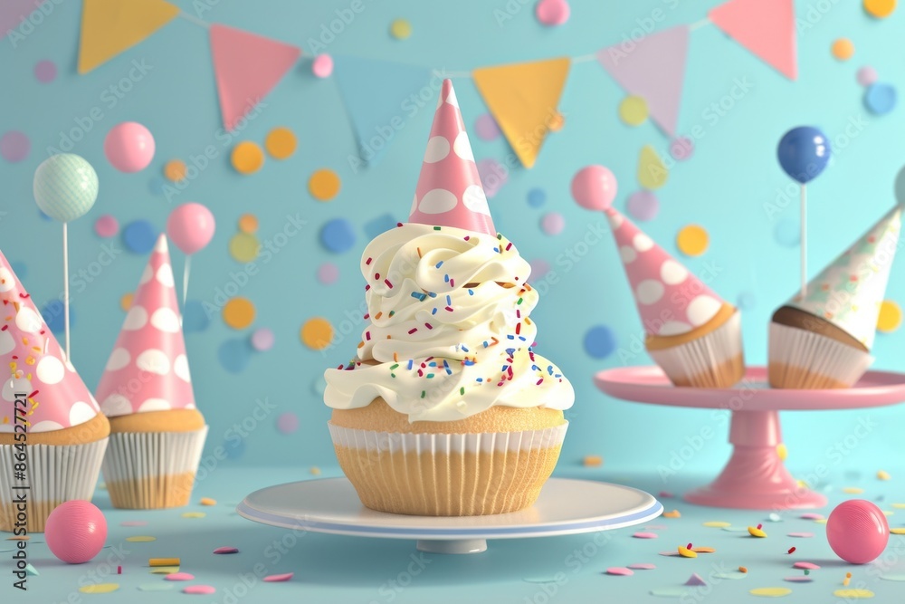 a cupcake with a party hat on top of it, Illustrate a birthday scene with a cupcake tower and party hats a cupcake with a party hat on top of it, Illustrate a birthday scene with a cupcake tower and party hats