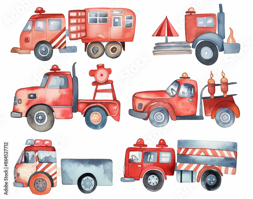 Watercolor set of cute cartoon trucks and fire engines for cute baby design