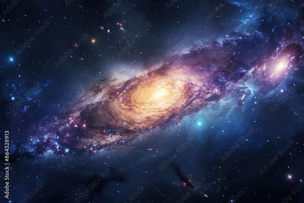 Fototapeta premium a spiral galaxy with a bright center surrounded by stars, Outer space with distant galaxies, nebulas, and stunning astronomical phenomena
