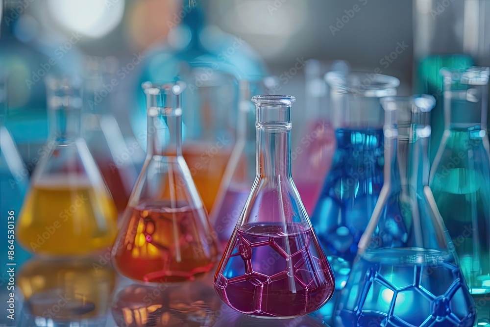 a group of glass flasks filled with colored liquids, Study the principles of organometallic chemistry a group of glass flasks filled with colored liquids, Study the principles of organometallic chemistry