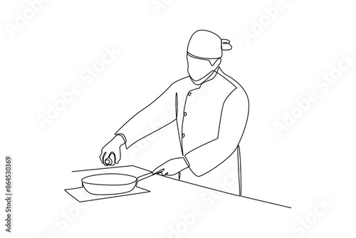 Continuous one line drawing of a chef is pouring batter into a pan. Healthy organic food concept single line draw graphic design vector illustration