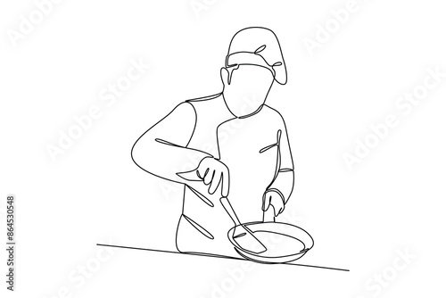 Continuous one line drawing of a chef is cooking in the kitchen. Healthy organic food concept single line draw graphic design vector illustration