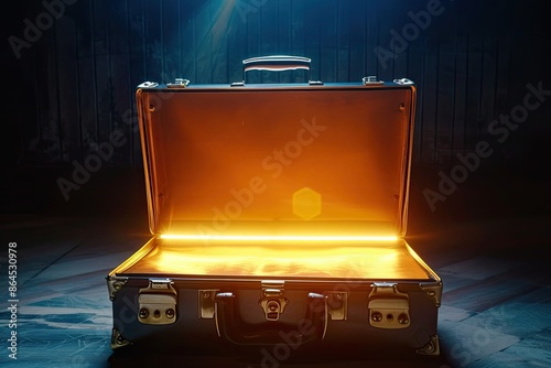 Glowing, mysterious briefcase, briefcase opening to reveal a glowing contract, indicating a high-stakes business deal photo