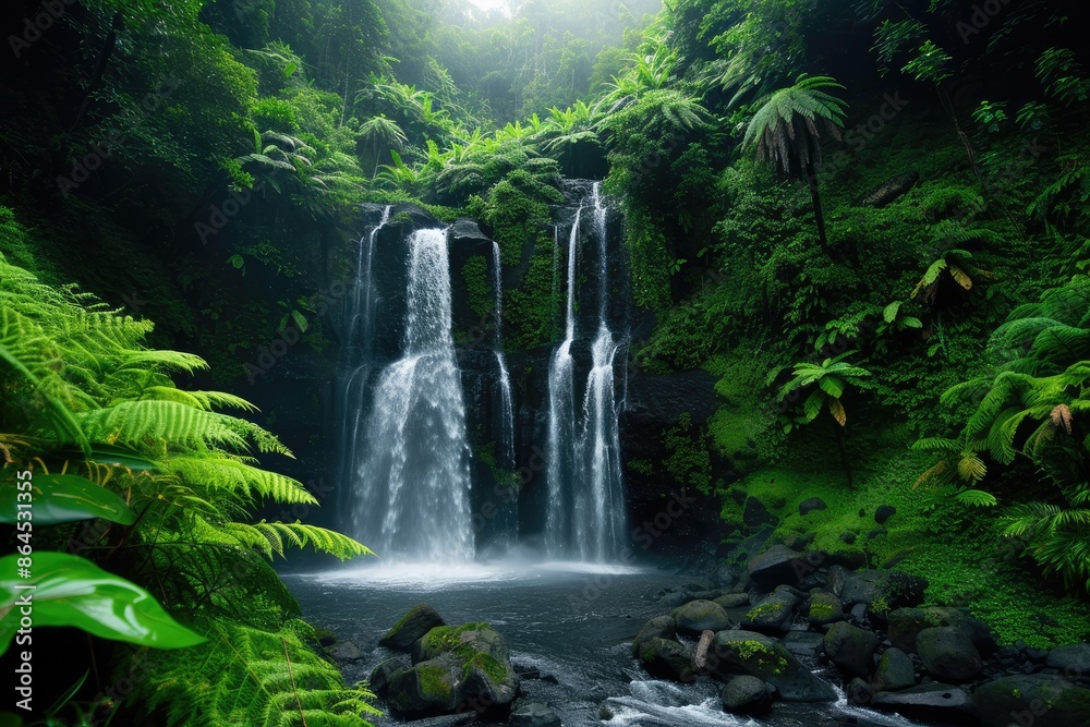 a waterfall in the middle of a lush green forest, captivating double waterfall tucked within a dense jungle a waterfall in the middle of a lush green forest, captivating double waterfall tucked within a dense jungle