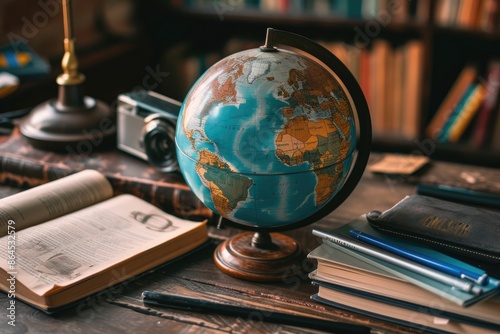 a globe on a table with a pen and a book, globe surrounded by educational tools like books, stationery, and laptop as symbols of global education