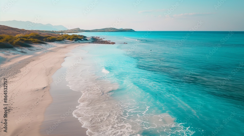 Obraz premium Sea and beach vacation, tropical islands. Summer travel, blue coasts. Nature s beauty, turquoise waters. Holiday destinations, aerial views. Shoreline paradise, tourism bays.