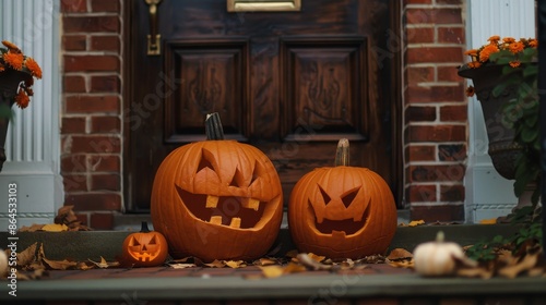 Spooky halloween pumpkins creatively arranged by the entrance of a welcoming house