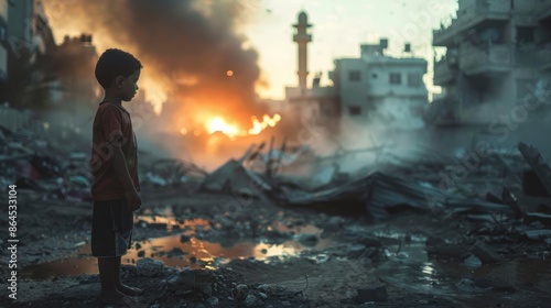 poster of palestinian child standing still side ruined house