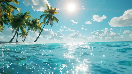 Summer beach paradise, ocean views. Tropical island vacation, palm trees. Sunny skies, blue water. Nature s beauty, sandy coast, scenic shore. Relaxation at Caribbean resorts, photo