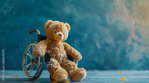 small teddy bear sitting on wheelchair