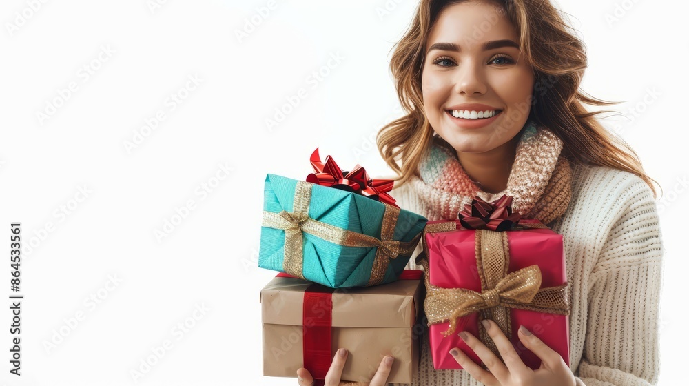 smiling mother holding several gift boxes white background smiling mother holding several gift boxes white background