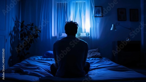 Silhouette of a depressed man sitting sadly on the bed photo