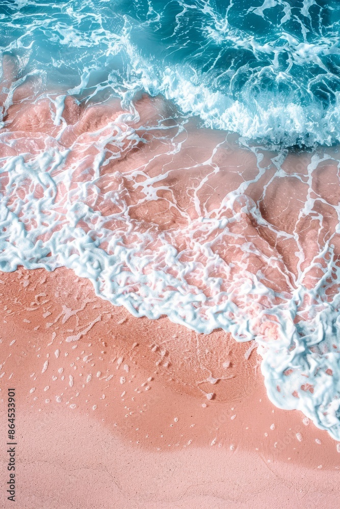 Fototapeta premium Beautiful beach with pastel pink sand and blue ocean waves creating a dreamy coastal scene