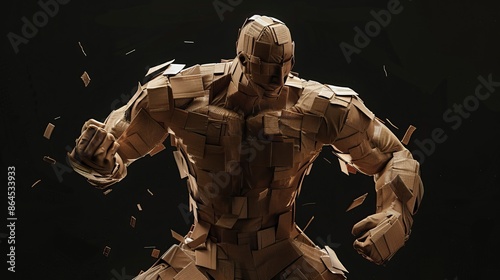 3D render animation upper body portrait of a creature made entirely of cardboard boxes, in a wrestling fight position with black background photo