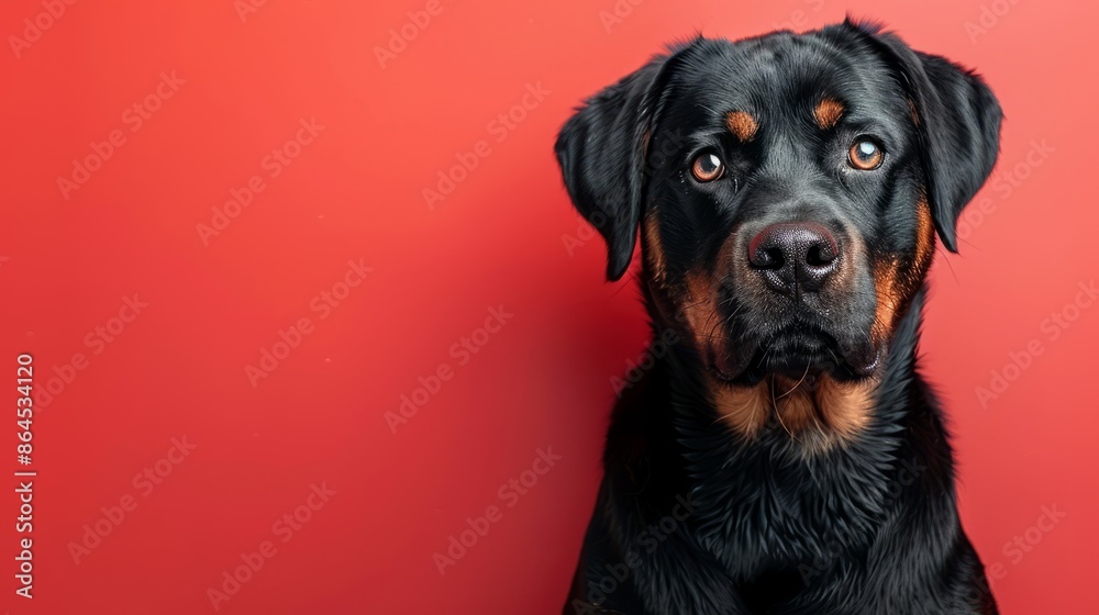 Obraz premium A cute Rottweilersitting on a solid pastel red background