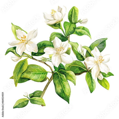 Watercolor drawing vector of a jasmine flower, isolated on a white background, clipart image, Illustration painting, design art, jasmine vector, Graphic logo, drawing clipart. 