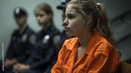 A teen girl sitting on the bench listening to the judge sentencing her to prison for life