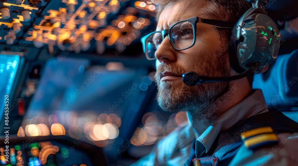 Fototapeta premium Airline pilot in cockpit close up