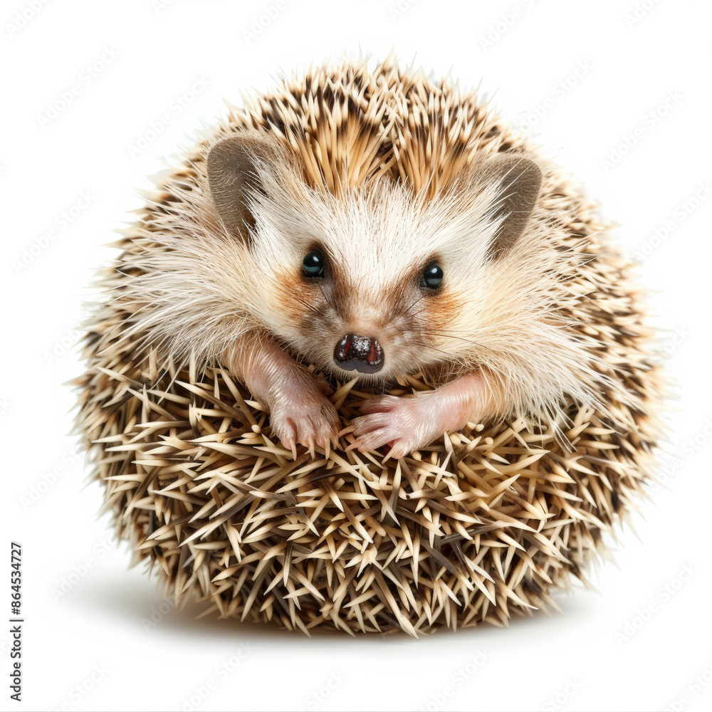 A cute hedgehog rolled into a little ball with its tiny face peeking out, isolated on white background A cute hedgehog rolled into a little ball with its tiny face peeking out, isolated on white background