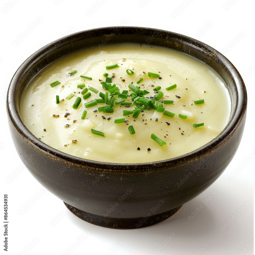 A bowl of smooth and creamy potato leek soup with a sprinkle of chives, isolated on white background A bowl of smooth and creamy potato leek soup with a sprinkle of chives, isolated on white background