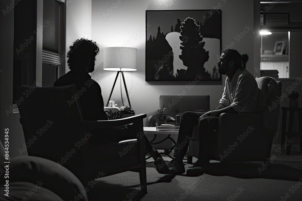 a man sitting in a chair talking to a man, empathetic portrayal of a therapy session that signifies trust, understanding, and growth a man sitting in a chair talking to a man, empathetic portrayal of a therapy session that signifies trust, understanding, and growth