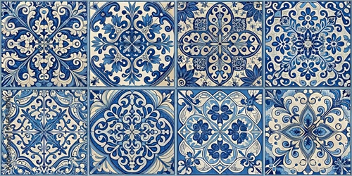 Intricate vintage Portuguese azulejos tiles in four tonal blue variations create a stunning abstract background, showcasing traditional ornate patterns in a beautiful vector illustration.