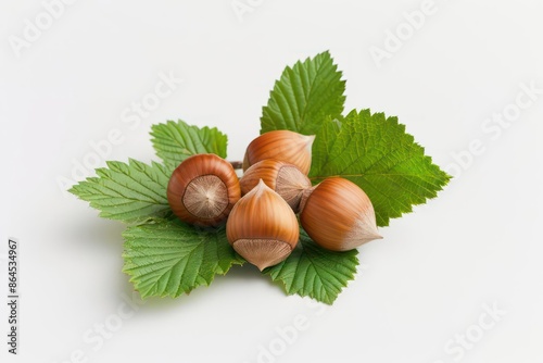 A hazelnut branch with green leaves and ripe nuts, set against a white backdrop