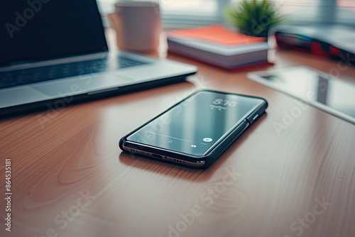 a cell phone sitting on top of a wooden desk, new release smartphone resting on a desk with its distinctive features highlighted photo