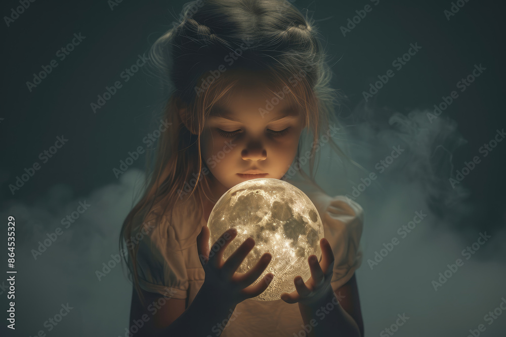 Naklejka premium Little girl holding luminous moon in her hands