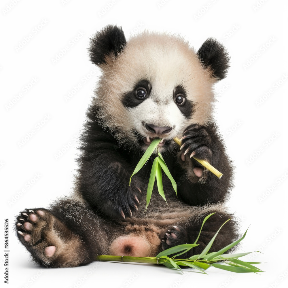 Fototapeta premium A cute baby panda with a playful expression, sitting and chewing bamboo, isolated on white background