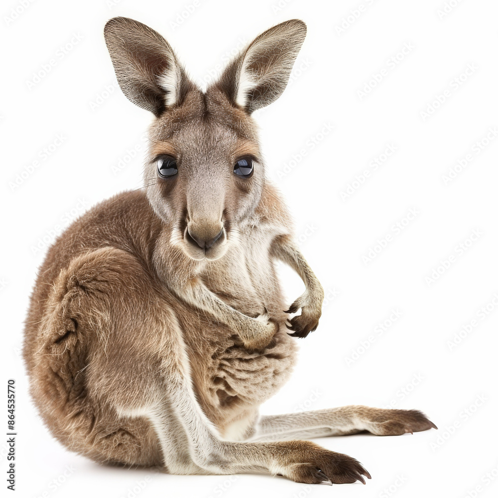 An adorable baby kangaroo peeking out of its mother's pouch, isolated on white background An adorable baby kangaroo peeking out of its mother's pouch, isolated on white background
