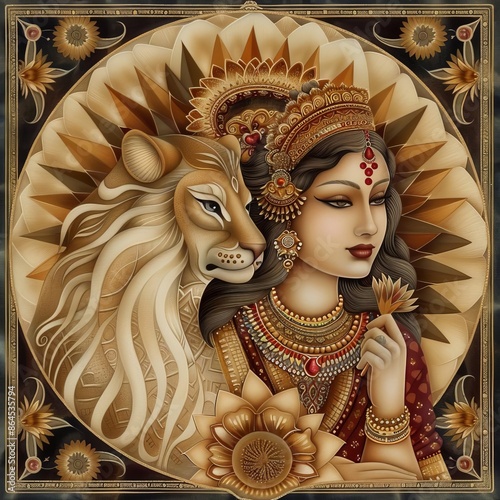 Patachitra art of Durga in hindu calendar art style