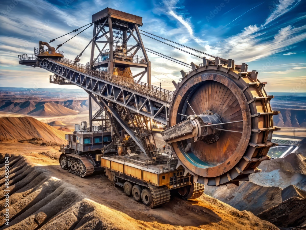 Massive brown bucket wheel excavator digs into a mountain of black coal, its enormous metal structure and gigantic wheels a testament to industrial scale mining. Massive brown bucket wheel excavator digs into a mountain of black coal, its enormous metal structure and gigantic wheels a testament to industrial scale mining.