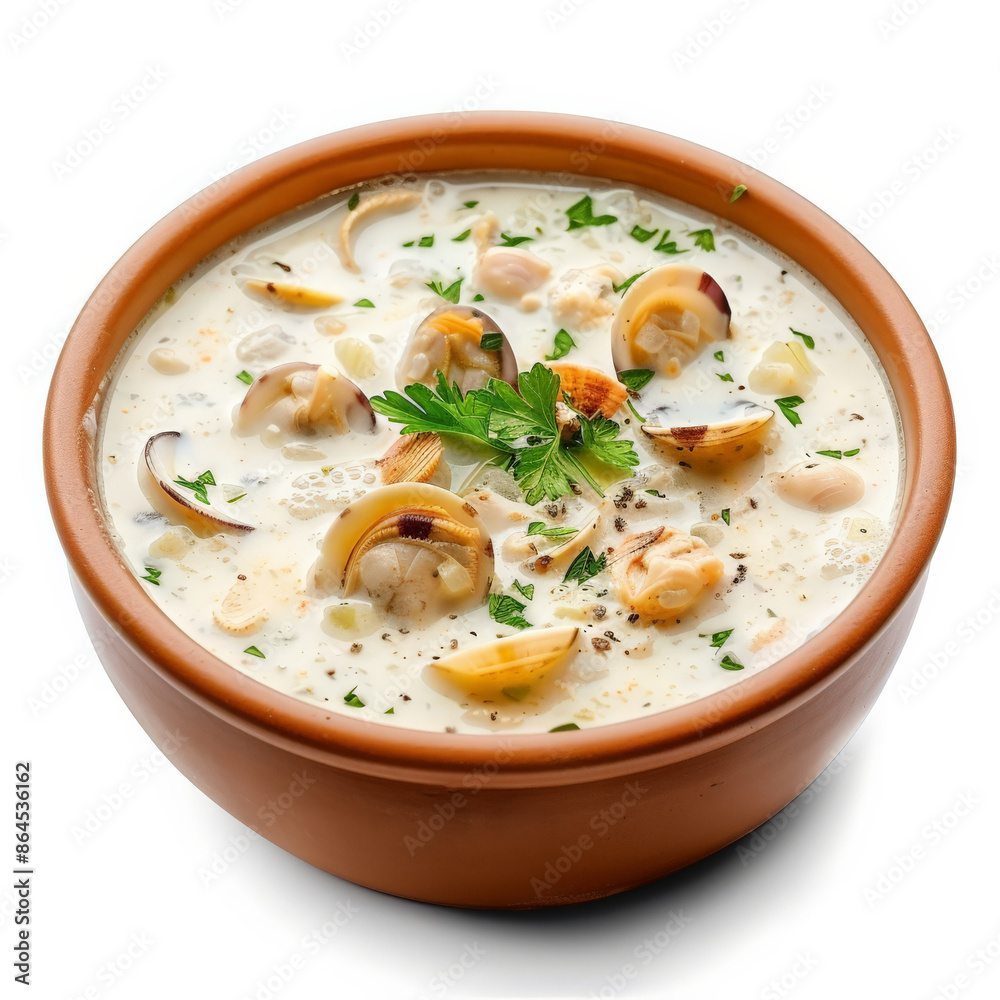 A bowl of creamy clam chowder with a sprinkle of parsley, isolated on white background A bowl of creamy clam chowder with a sprinkle of parsley, isolated on white background