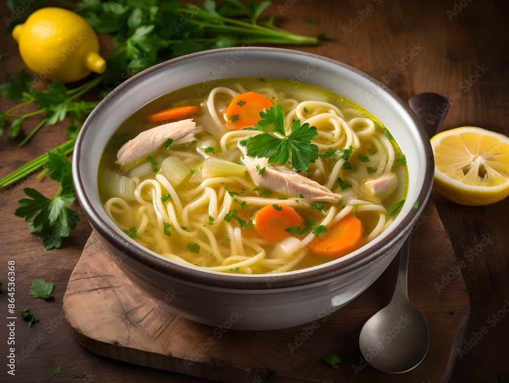 Hearty homemade chicken fusilli soup with carrots and fresh herbs. Hearty homemade chicken fusilli soup with carrots and fresh herbs.