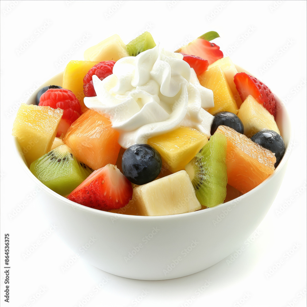 A bowl of fruit salad with a dollop of whipped cream, isolated on white background A bowl of fruit salad with a dollop of whipped cream, isolated on white background