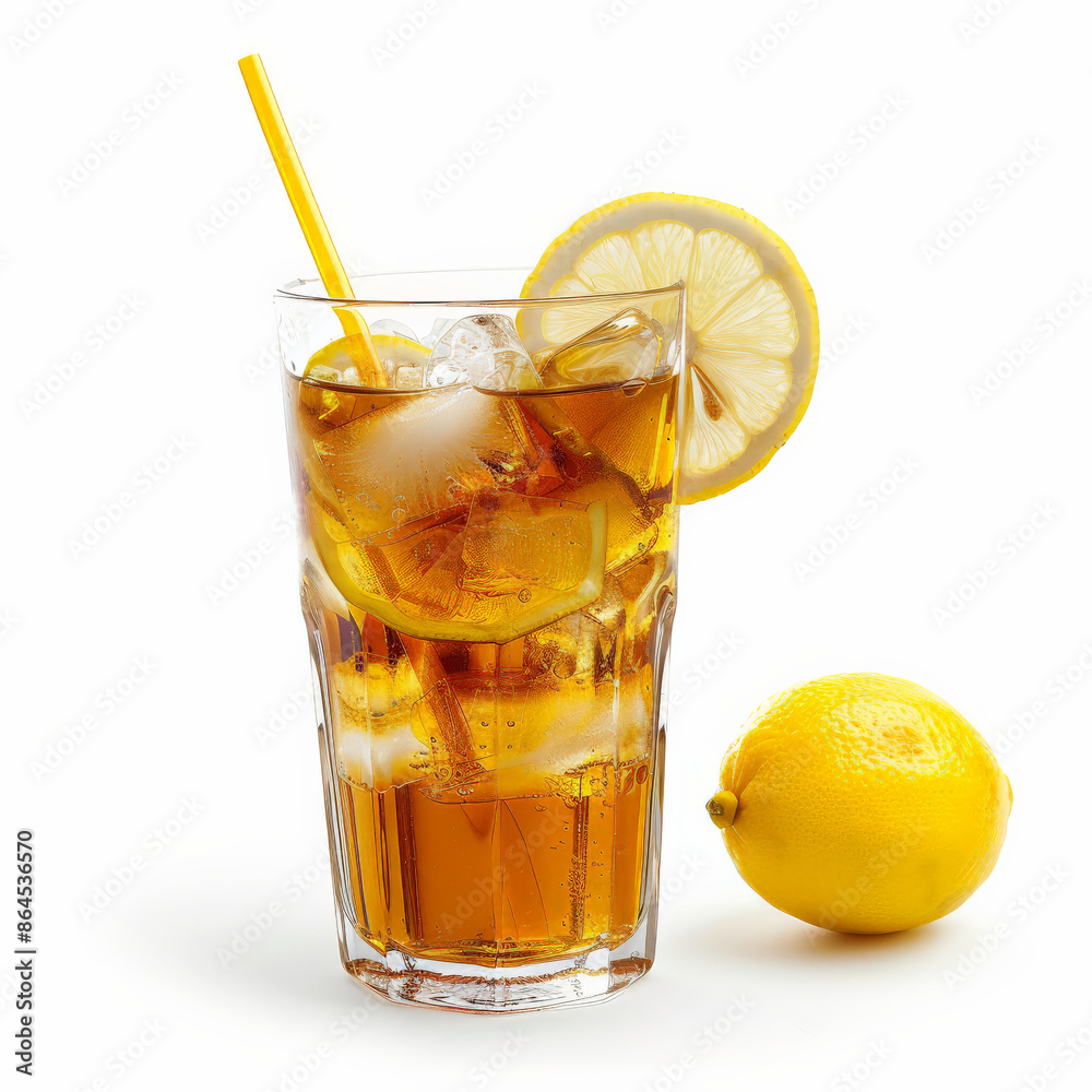 A glass of iced tea with lemon slices and a straw, isolated on white background A glass of iced tea with lemon slices and a straw, isolated on white background