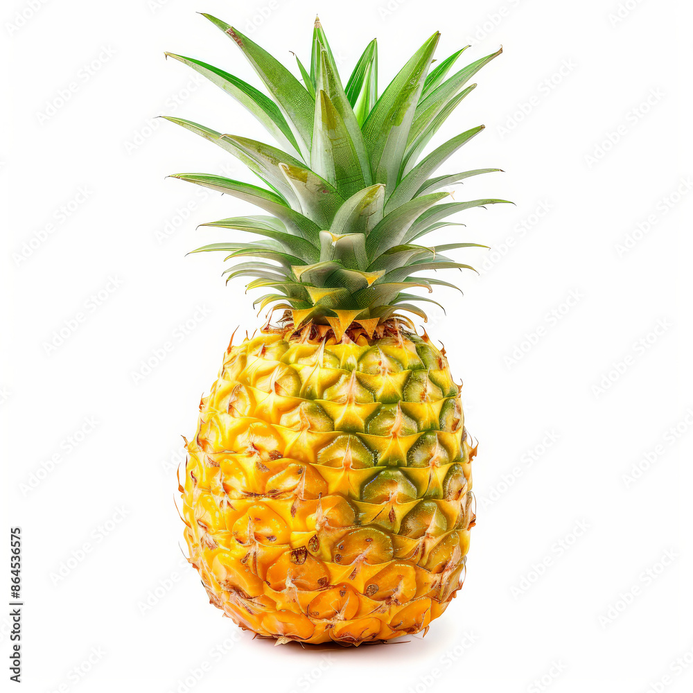 Fototapeta premium A juicy, yellow pineapple with spiky leaves and a golden skin, isolated on white background