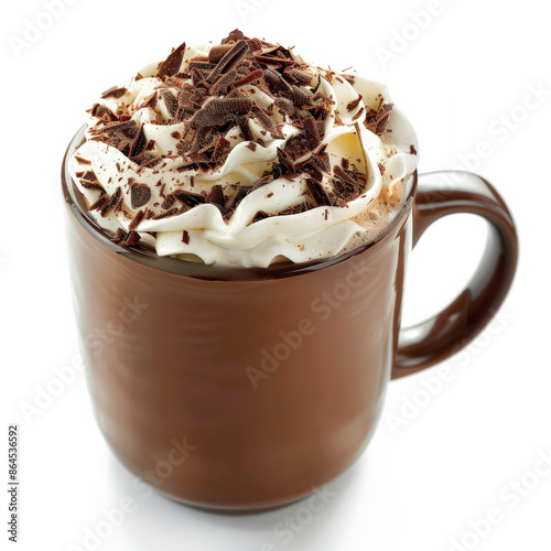 A mug of hot chocolate topped with whipped cream and chocolate shavings, isolated on white background