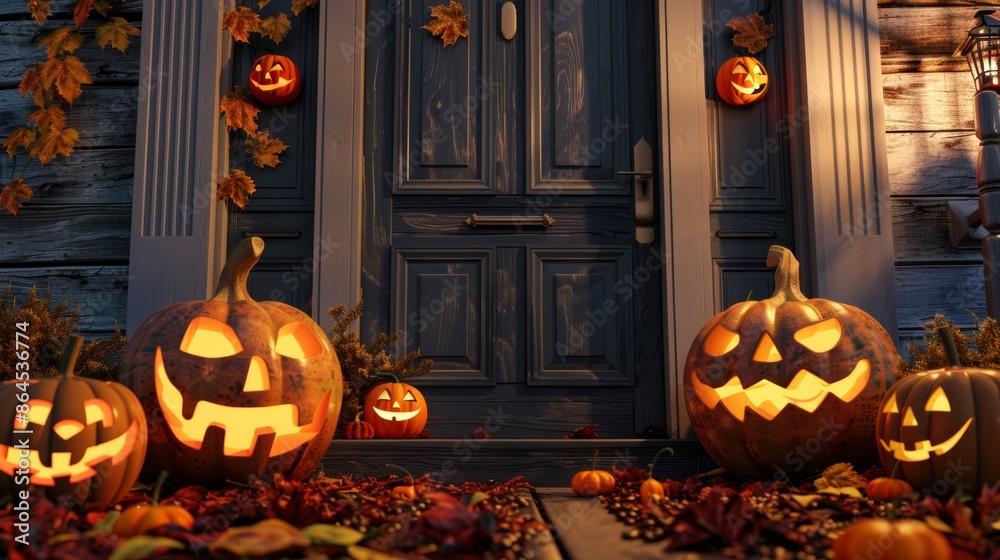 Obraz premium Charming house entrance adorned with spooky halloween pumpkins for a festive touch