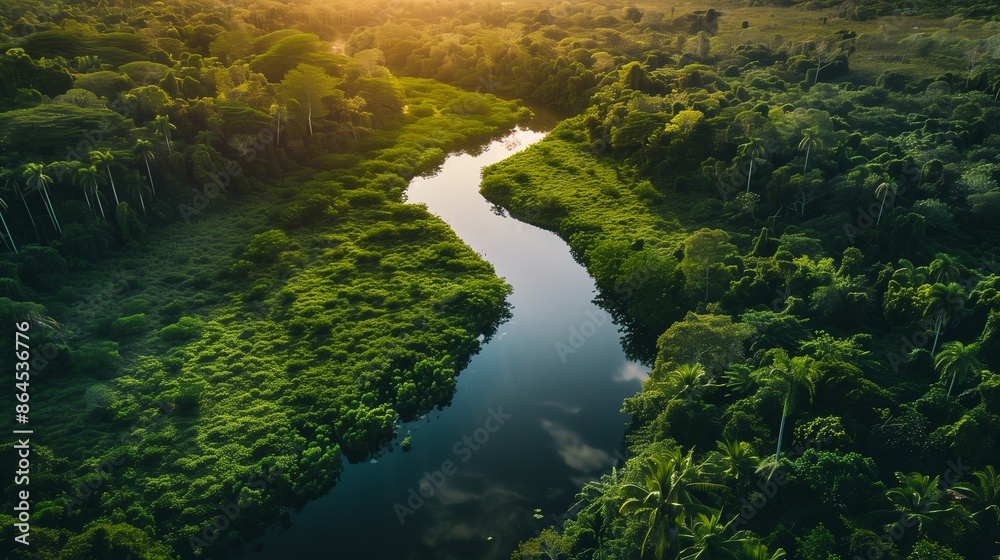 Aerial view of a forest with a river running through it, capturing the green landscape of summer. The beauty of the lake, trees, and tropical rainforest is perfect for travel. The Aerial view of a forest with a river running through it, capturing the green landscape of summer. The beauty of the lake, trees, and tropical rainforest is perfect for travel. The