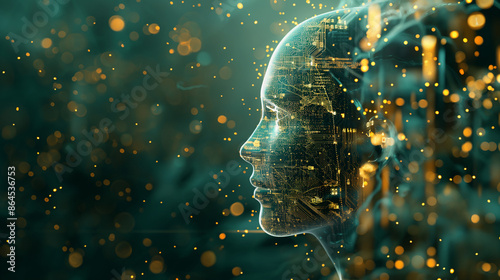 Artificial intelligence concept with a digitized human head filled with circuits and codes. Generative AI