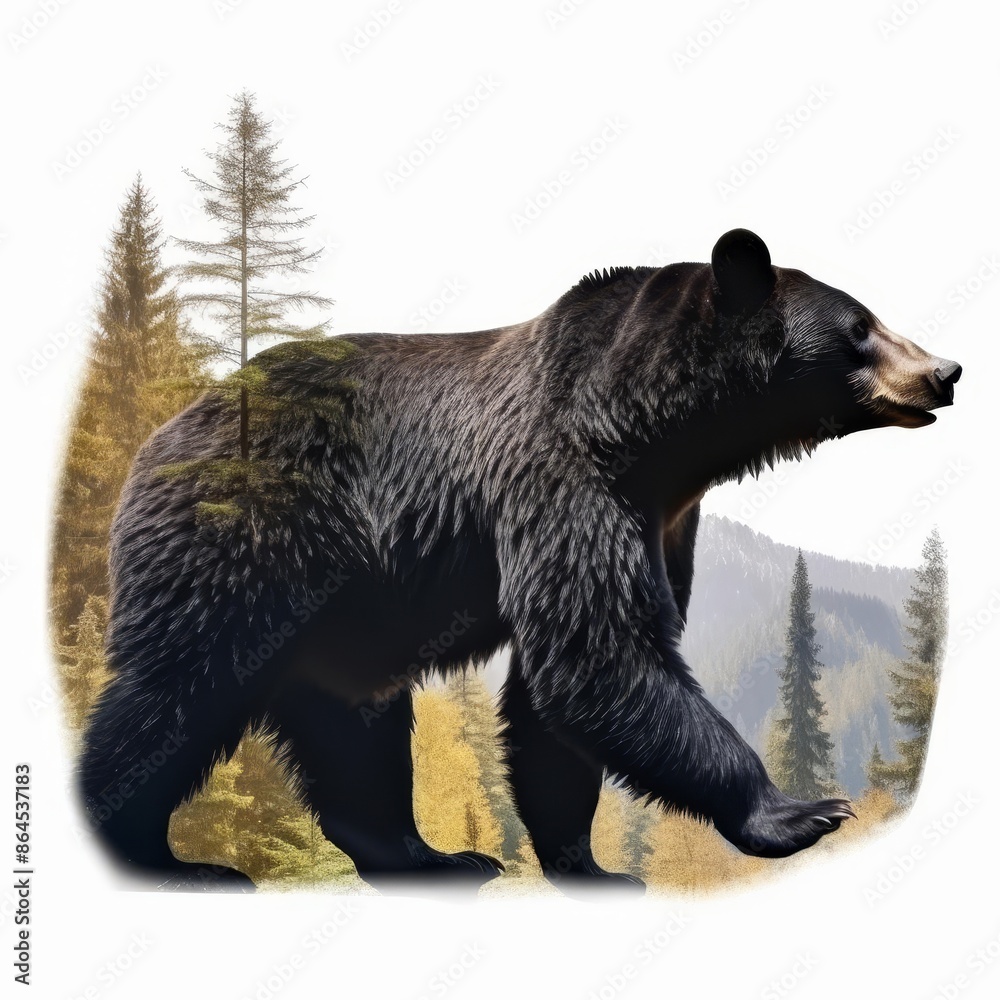 Fototapeta premium Double exposure, full side profile of a beautiful black bear walking with Appalachian mountains and forest within, ultra detailed, 8k, highly realistic