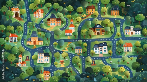 a city map with school, park, museum, cafe, library, supermarket, hospital and zoo, children's book illustration style,
