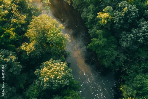 Aerial views of an autumn forest with colorful leaves, a flowing river, and tranquil streams, perfect for fall adventures. © valiantsin