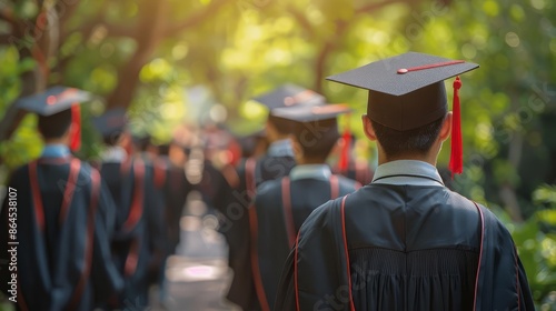 A group of Asian university students wearing black gowns and graduation caps during their supervmusion ceremony